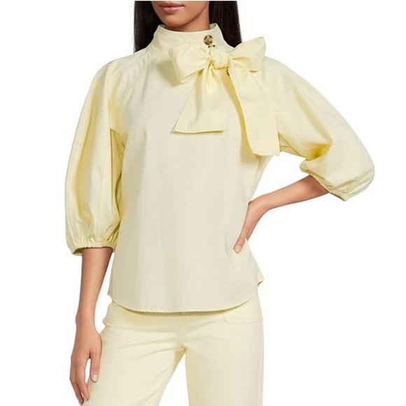 A Loves A Tops - NWT - A Loves A - Denim Neck Tie 3/4 Puffed Sleeve Pleated Shoulder Top - Green